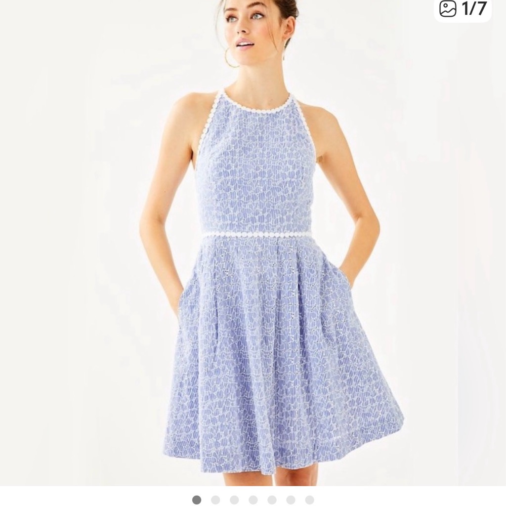 Lilly Pulitzer Tori Dress Crew Blue Tint Yarn Dye Stripe Floral Eyelet. Size 6